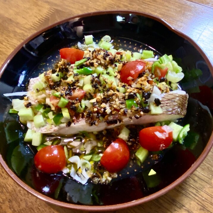 新しい味❗️鯛(白身魚)の中華蒸し 豆豉ラー油がけ